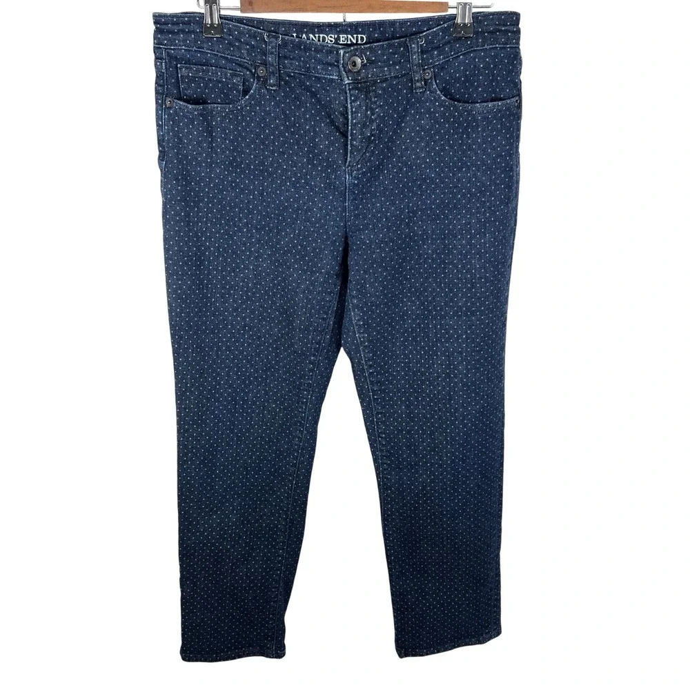 Lands End Womens 10P Polka Dot Straight Leg Jeans Dark Wash Blue Denim Fit‎ 2
